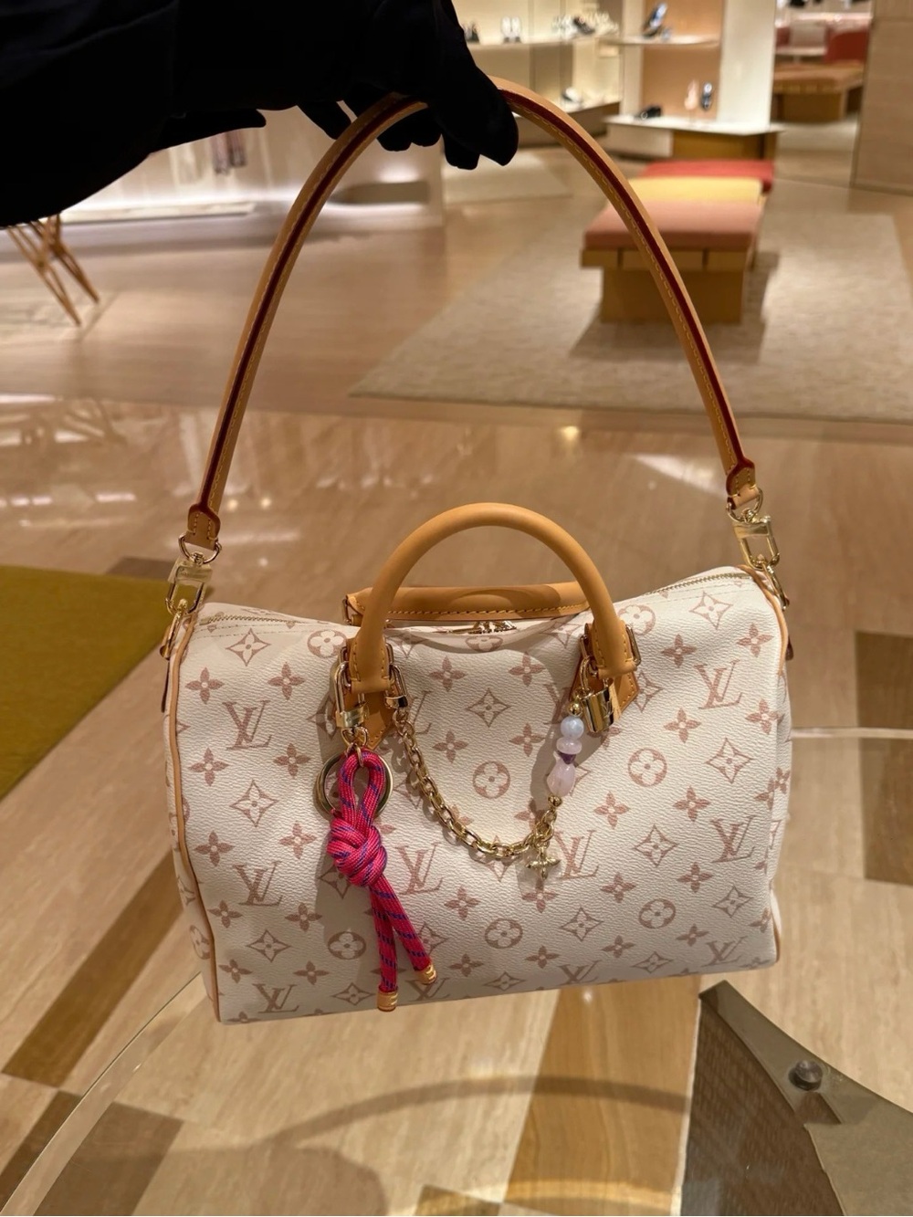 Louis Vuitton Cream and Pink Monogram Satchel with Tan Leather Accents
